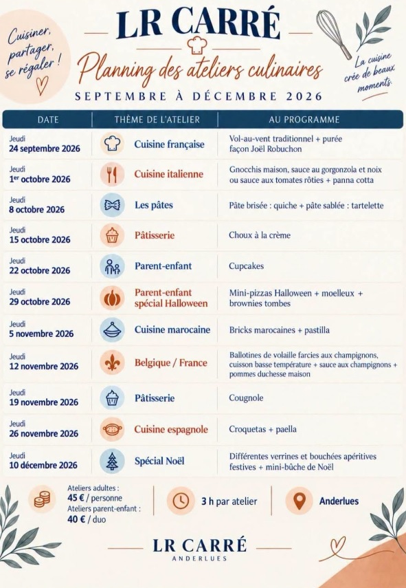 Affiche calendrier d’ateliers culinaires LR Carré, dates de septembre à décembre 2026, thèmes et plats.